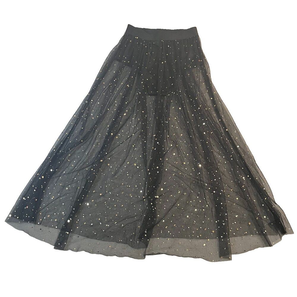 Shein Black Gold Star Sheer Tulle Midi Skirt Whimsigoth Womens Size S